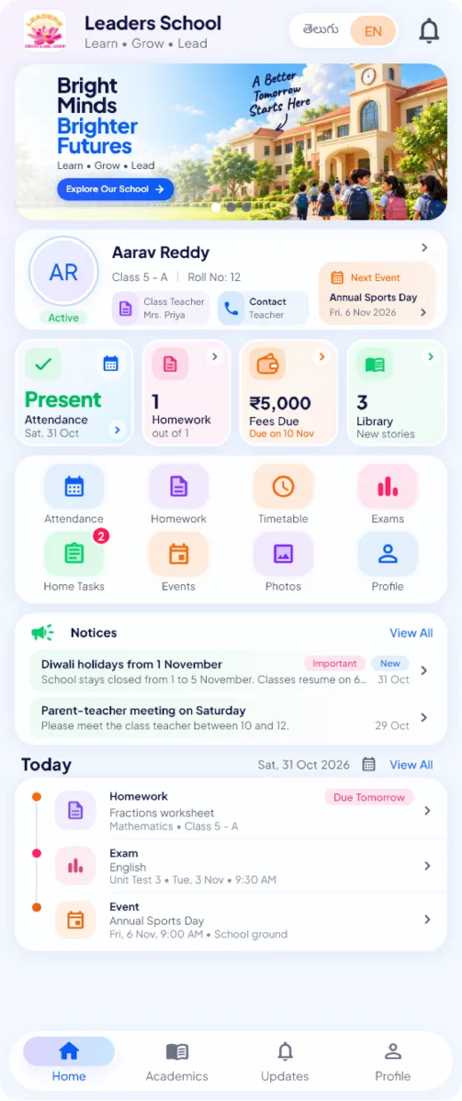 The Home screen of the Parents App on a phone